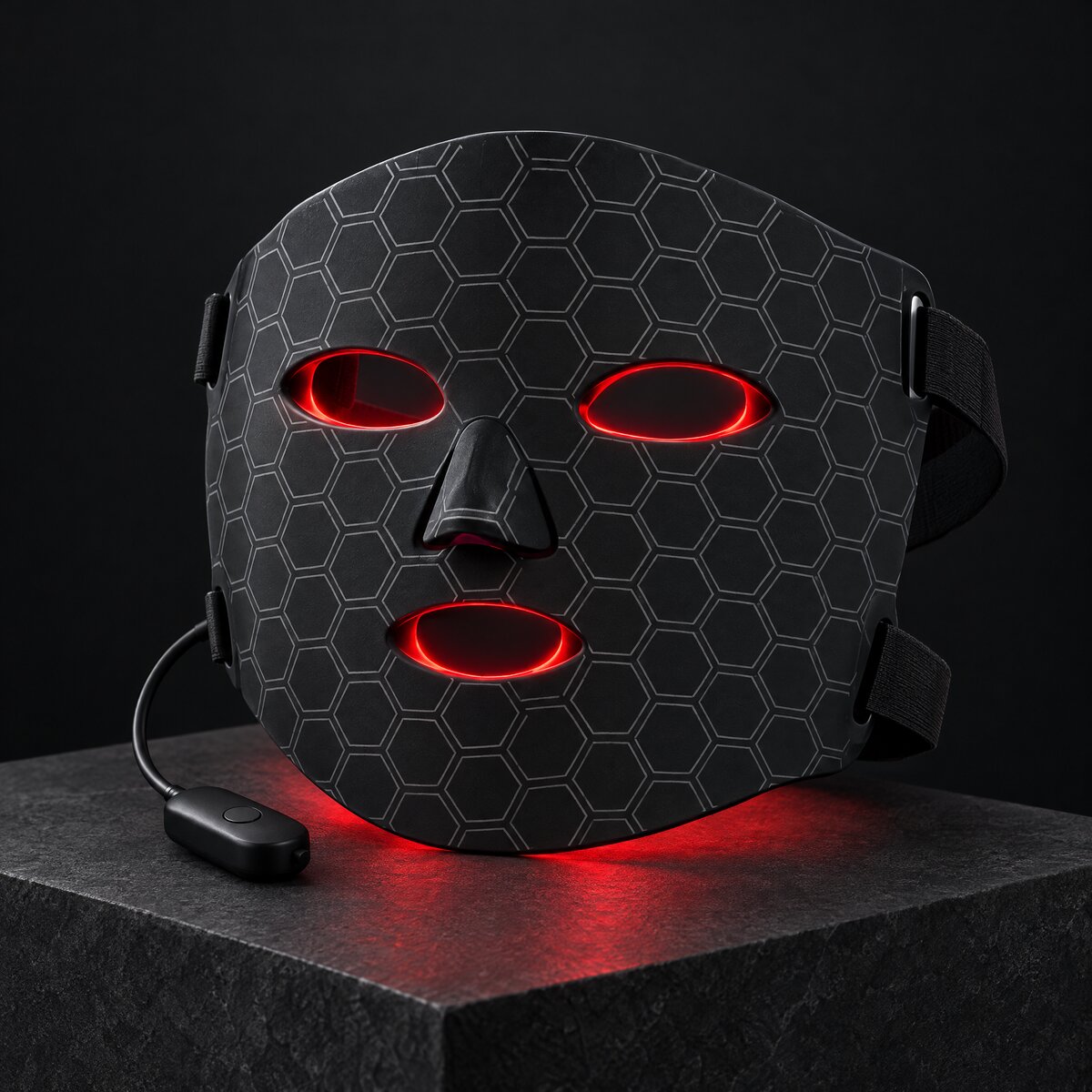 Mog Mask: a black LED face mask with a grey hexagon pattern, glowing red